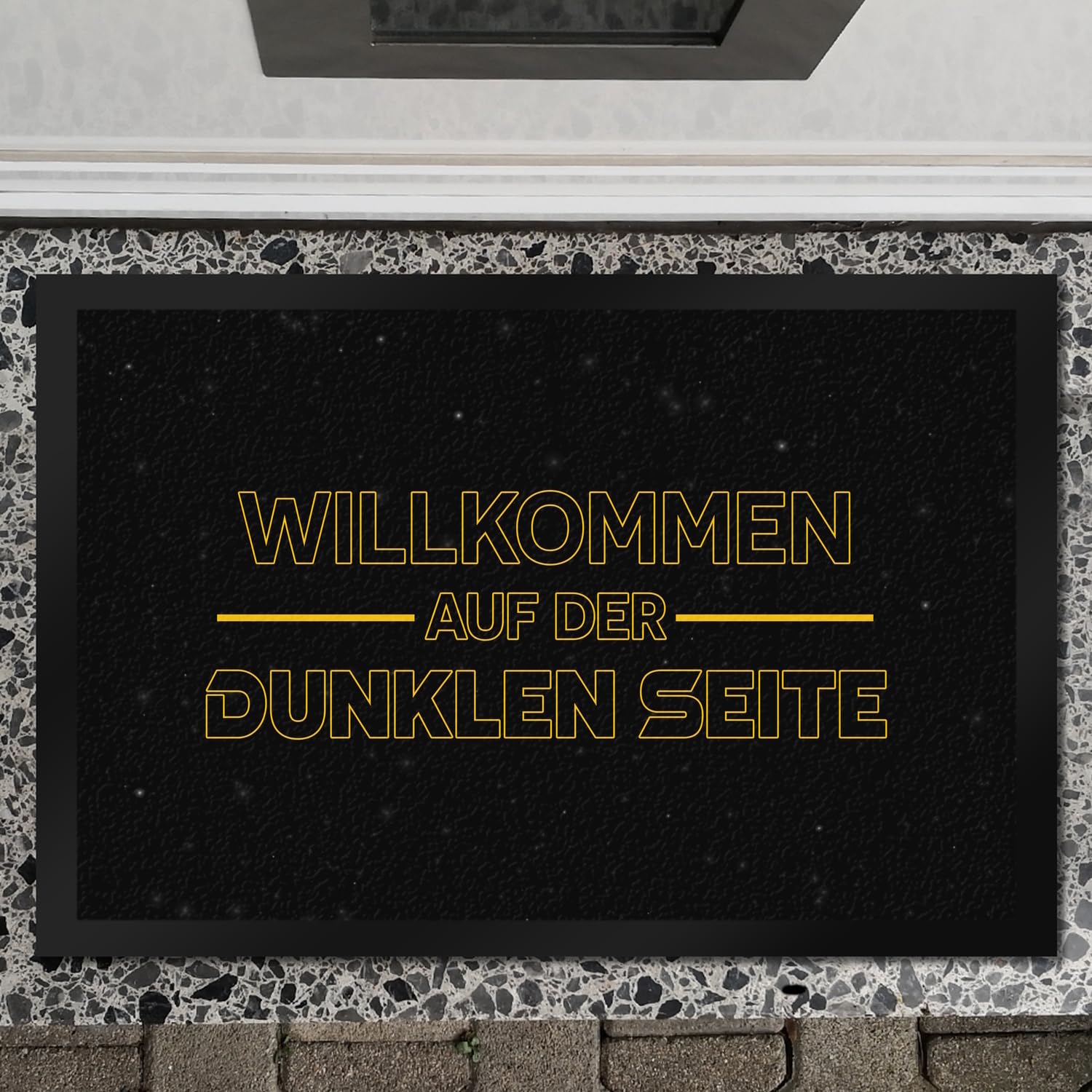 speecheese Willkommen auf der dunklen Seite Fußmatte XXL in 50x75 cm mit Sternenoptik Sterne Krieg Haustür Kinderzimmer Geschenkidee Weltraum unendliche Raum Weiten War Galaxien Stars Star