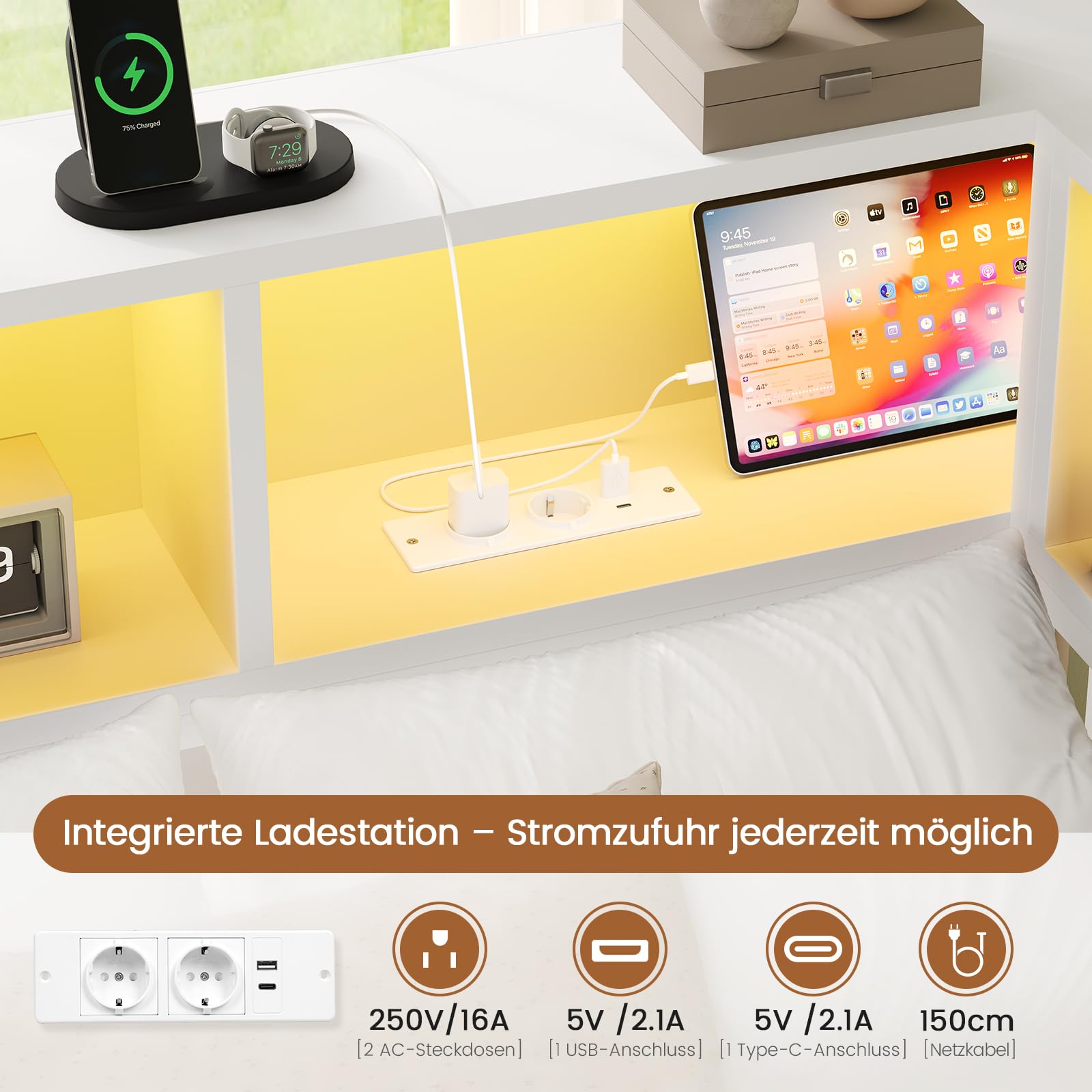 DICTAC Jugendbett 90x200 mit LED-Beleuchtung und Ladestation, Schlafsofa 90 x 200 mit stauraum-5 Staufächern und 2 Schubladen, Tagesbett Einzelbett 90x200 mit Lattenrost aus Metall, weiß LED Daybed