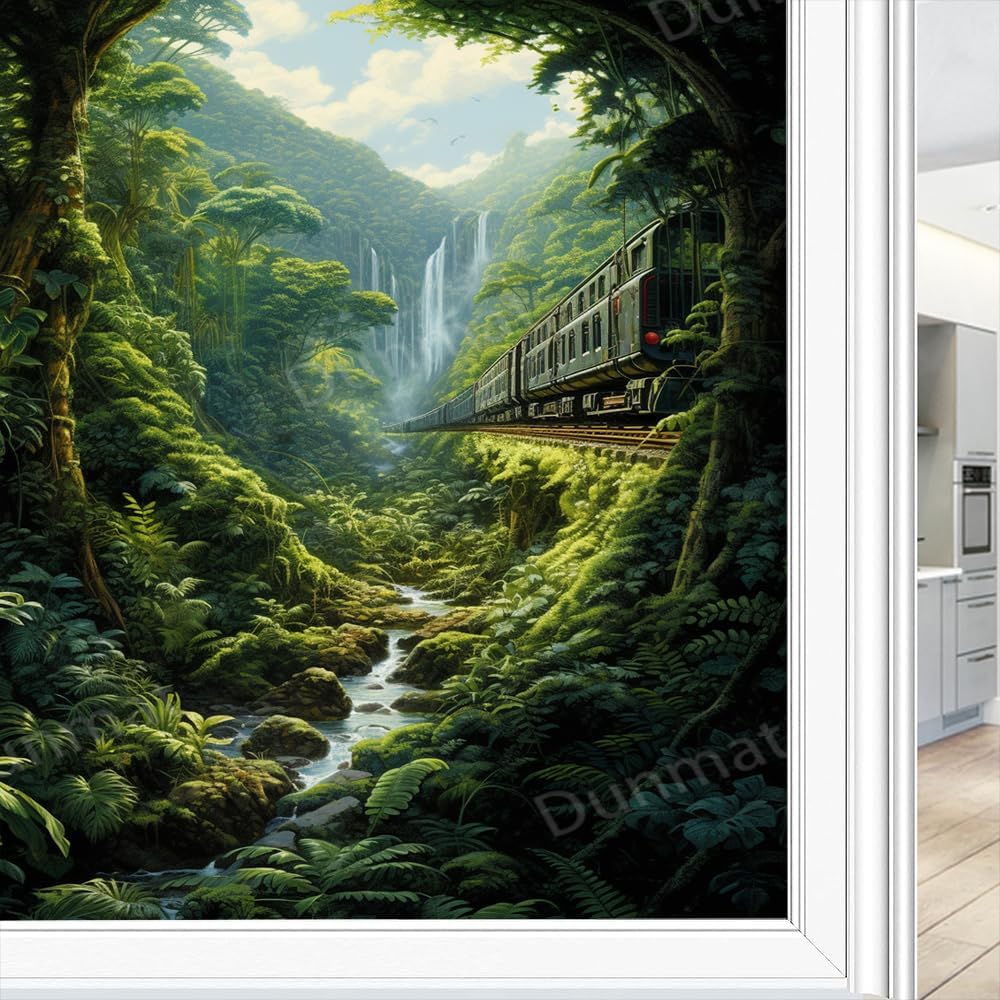 Vintage Train Window Privacy Film Green Forest Nature Waterfall River Stained Glass Window Film Decorative Window Cling for Home Window&Glass Door, Sun Blocking 35.4Wx63L inch