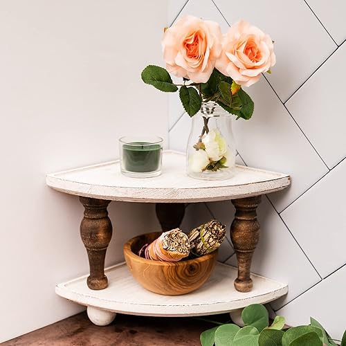 Miniatura 6 de DAILY RITMO Estante esquinero de madera para mostrador  Organizador de baño apilable para encimera  Bandeja de lavado blanca de granja, estantes de