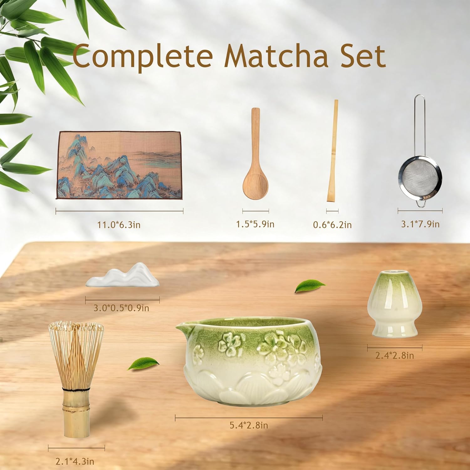 8-Piece Matcha Kit with Bamboo Whisk, Wooden Spoon, Measuring Scoop, Sifter, Bowl, Whisk Holder, Spoon Rest & Tea Cloth – Traditional Matcha Set for DIY Tea Ceremony（Gradient yellow）