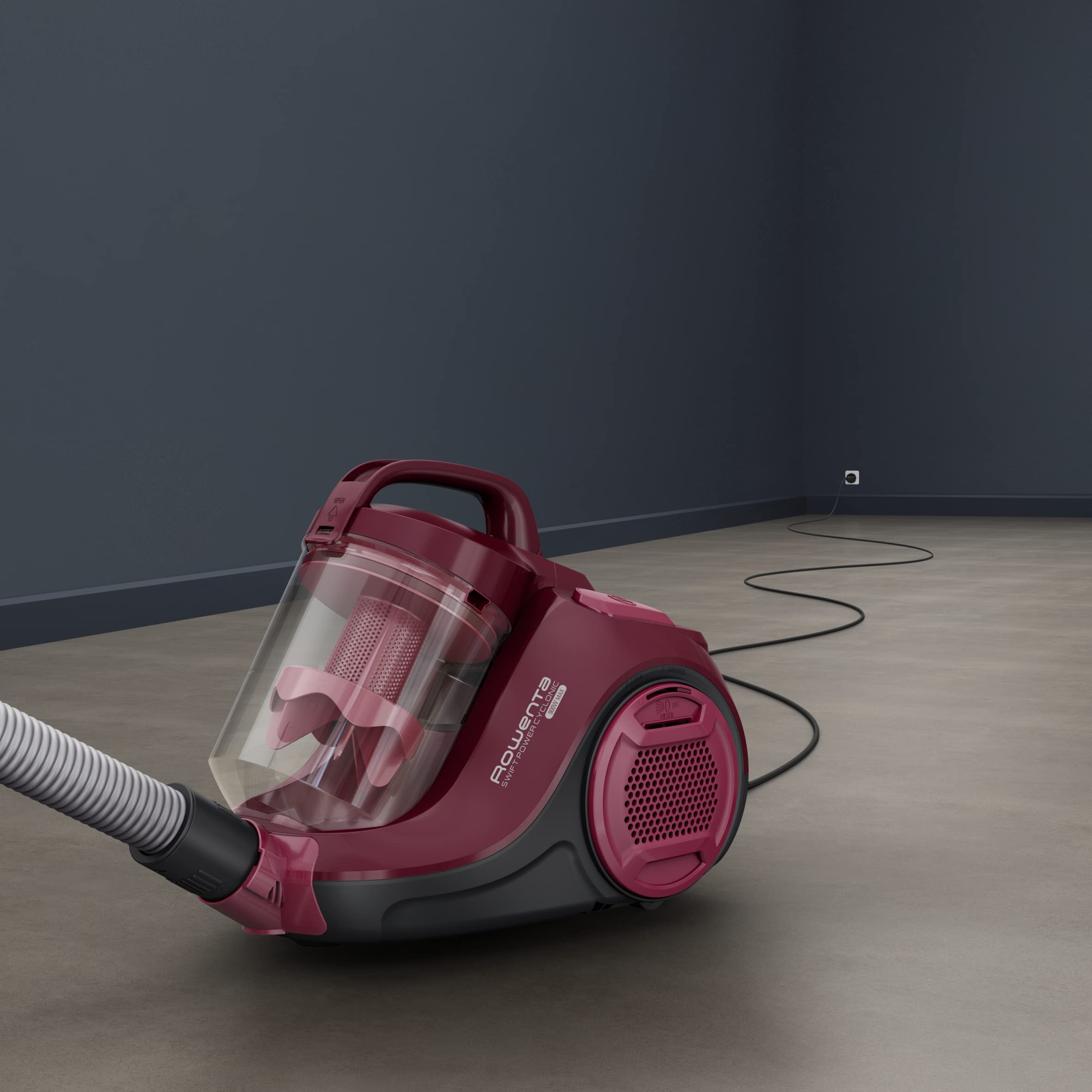 Rowenta Aspirapolvere a Traino Senza Sacco, Tecnologia Ciclonica, Design Compatto, Leggero, Filtro ad Alta efficienza spazzola parquet, Colore Rosso Vino, RO2933