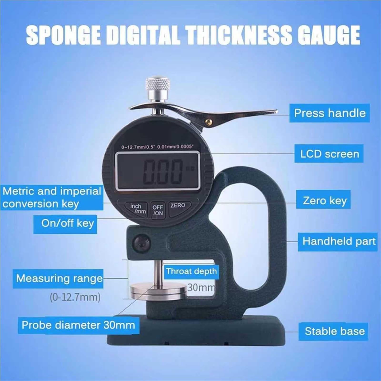 Digitales Dickenmessgerät, 0–12,7 Mm Schwammdickenmessgerät, Desktop-Dickenmessgerät, Sondendurchmesser 30 Mm, 0,01 Mm Auflösung, For Schwamm, Papier, Erkennungsmechanismus