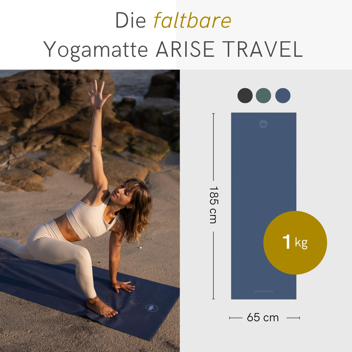 Lotuscrafts® Yogamatte dünn und faltbar, aus Naturkautschuk, Made in Spain, 1kg leiche Reisematte, 185 x 65 x 0,13 cm, Yoga Matte Dünn für Unterwegs