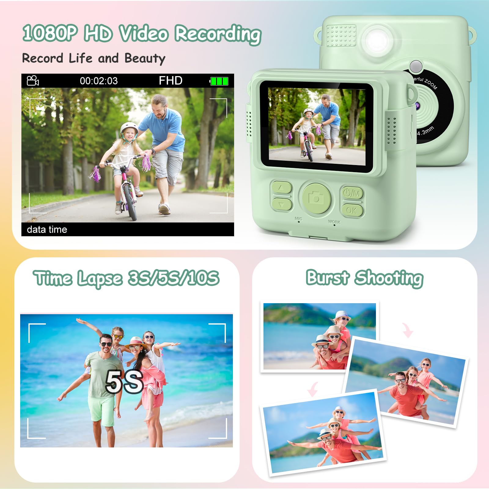 Macchina Fotografica Bambini Istantanea, GREENKINDER 2.4 Pollici/1080P Fotocamera Istantanea Bambini con 32GB Scheda e Carta da Stampa, Fotocamera Digitale Bambini per Ragazze Ragazzi da 3-12 Anni