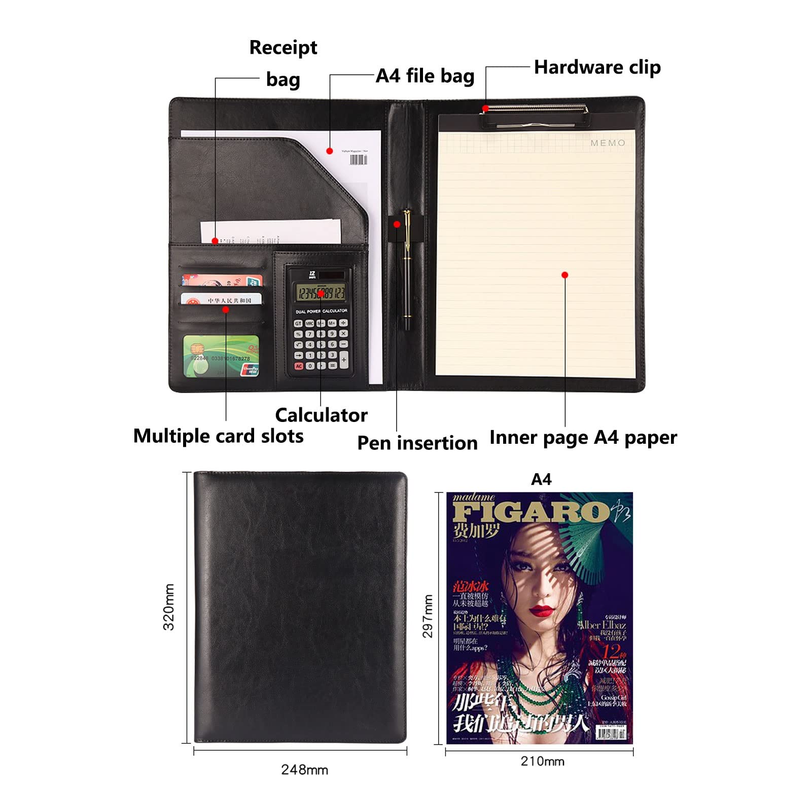 Raccoglitore di portfolio, Cartella portadocumenti A4 Padfolio Business PU Leather Notepad for curriculum Colloqui Cartella esecutiva for donne e uomini con calcolatrice Blocco for appunti Cartella fo