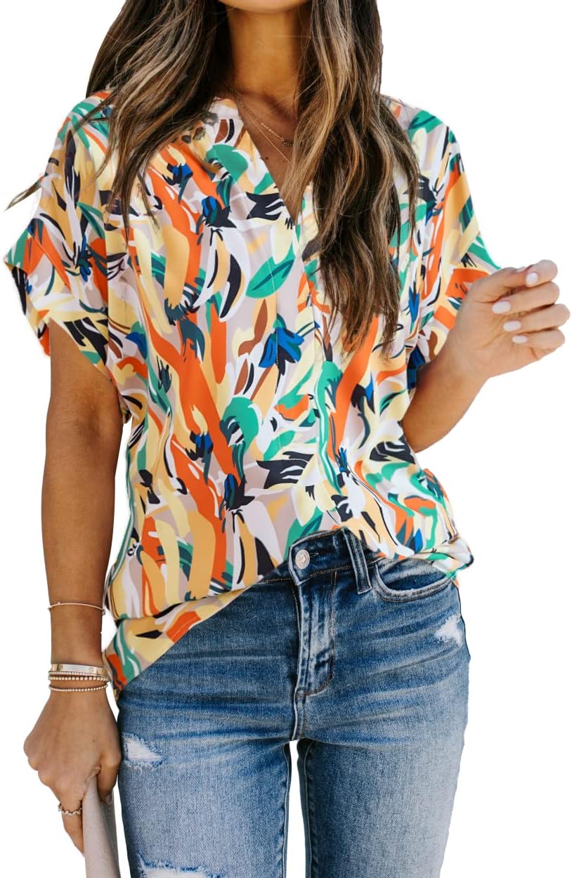 Allimy Women Summer Casual Split V Neckline Floral Chiffon Blouses Loose Tunic Short Sleeve Tops