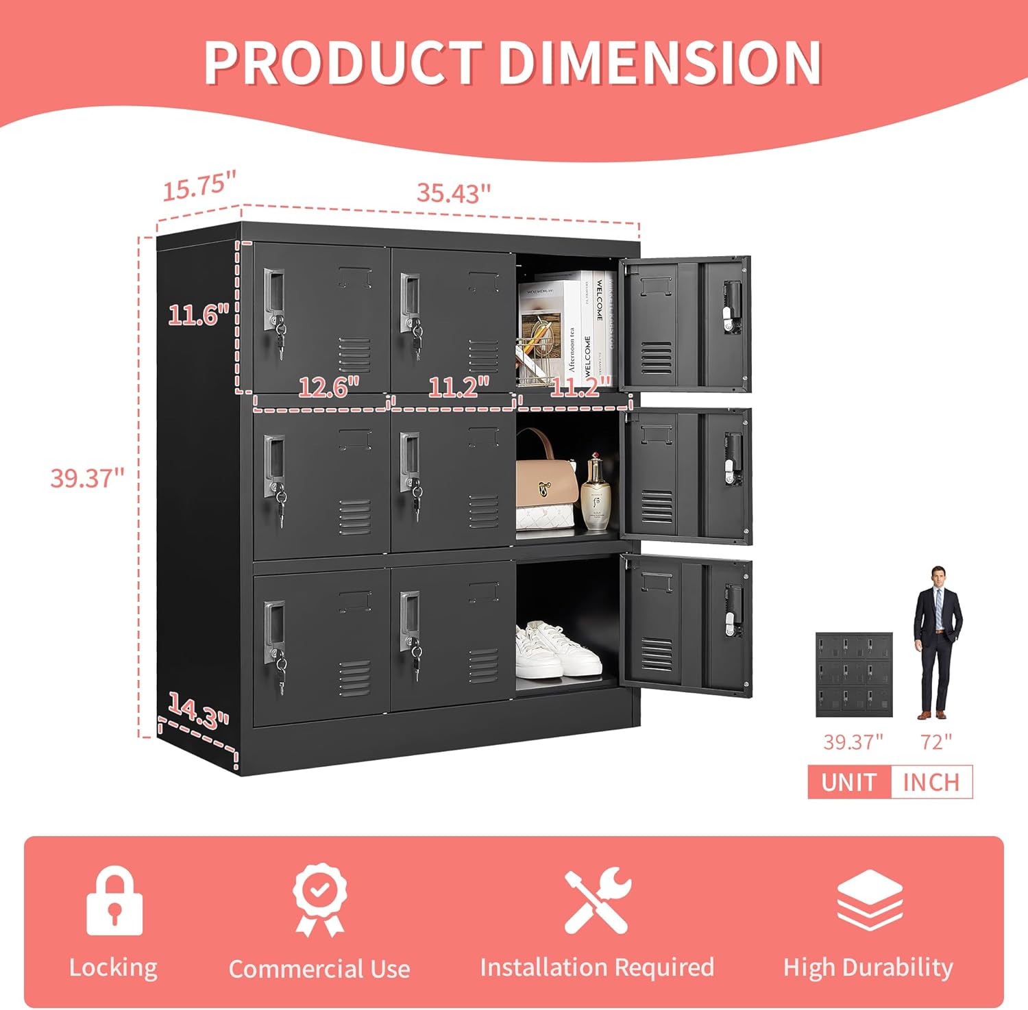 IKIMI Metal Lockers for Employees,Office Storage Locker with 9 Doors Black,Employee Locker with Lock and Card Slot,Steel Staff Locker Storage Cabinet for Gym Home School Garage,Assembly Required