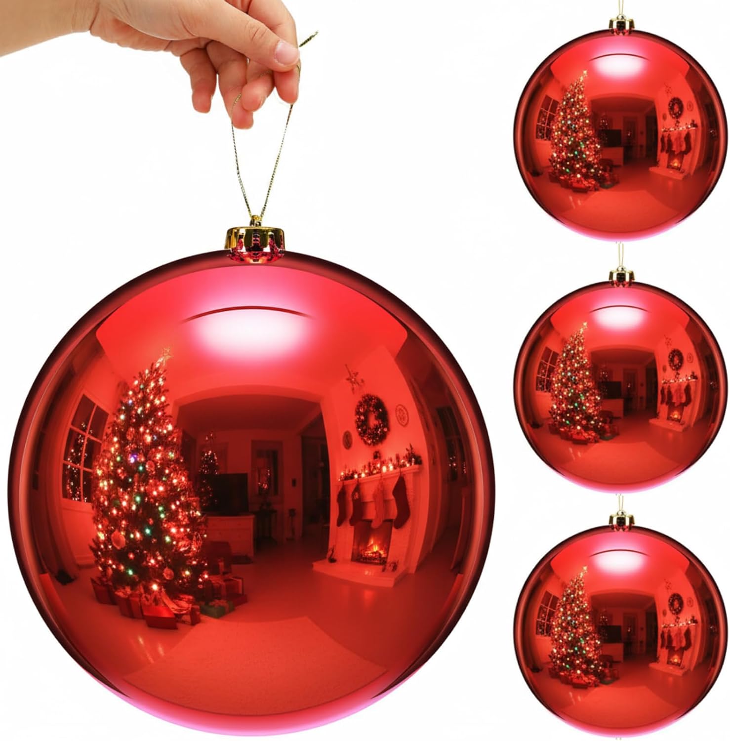 Zubebe 4 Pcs Extra Large Christmas Ball Ornaments 8'' (200 Mm) Giant Oversized Plastic Xmas Ball Big Hanging Christmas Tree Ornaments for Holiday Party Outdoor Decor(Shiny Red) 8" Shiny Red