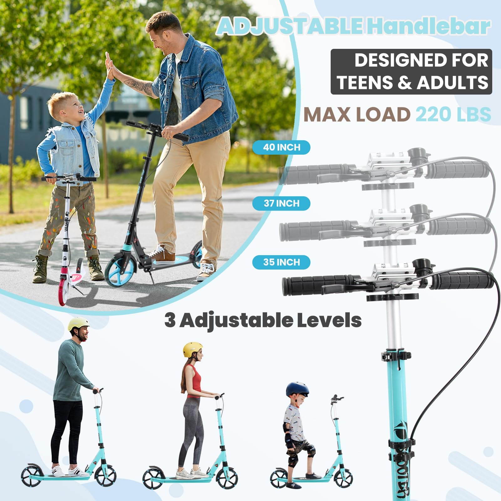 Scooter for Ages 8+ Teens and Adults Kick Scooter Foldable with Double Braking System Bells Adjustable Handlebars Kickstand Max Load 220 LBS 8