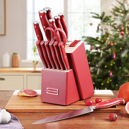 Miniatura 2 de Juego de cuchillos rojos, juego de 15 piezas con afilador integrado y tijeras para cocina, juego de cuchillos aptos para lavavajillas, regalo