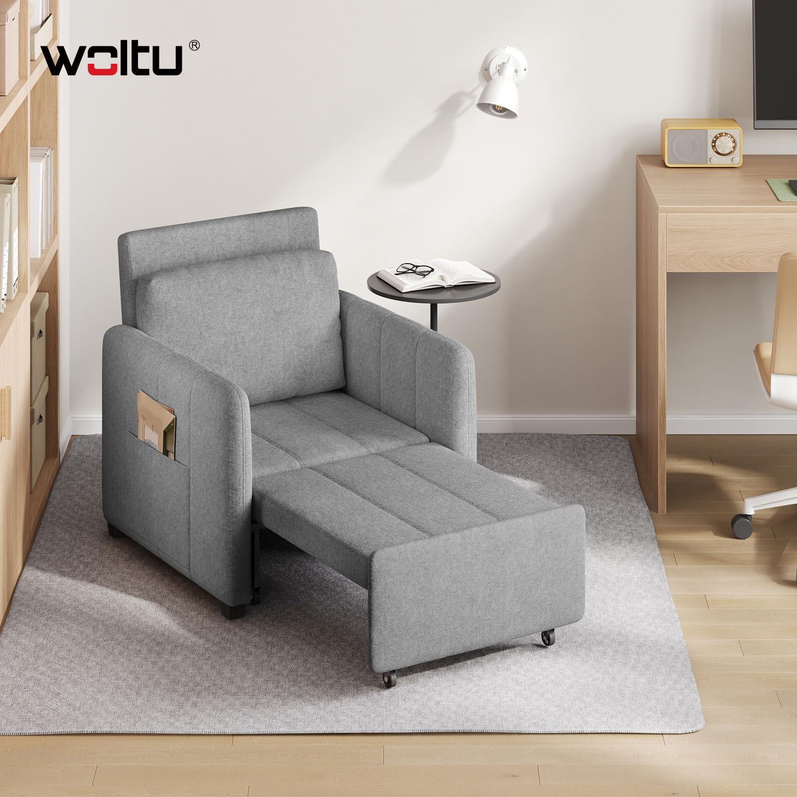 WOLTU 3-in-1 Divano Letto, Poltrona Letto Trasformabile, Grigio Chiaro | con Reclinazione a 5 Posizioni, Divano Singolo Pieghevole per Piccoli Spazi, Chaise Lounge, Tessuto in Spugna Traspirante