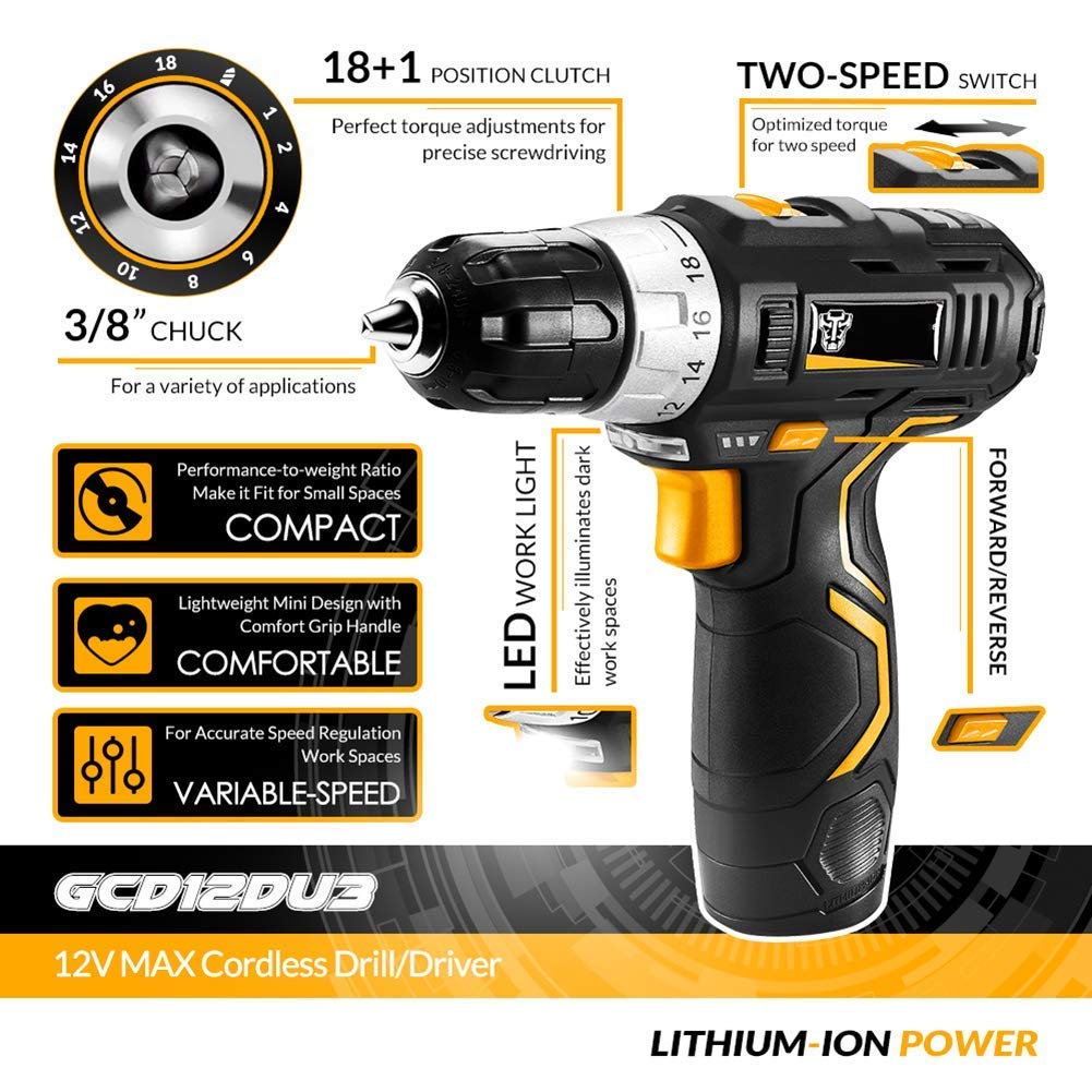 Trapano avvitatore a batteria professionale 12V, cacciavite elettrico, utensili per la lavorazione del legno fai-da-te Batterie agli ioni di litio Coppia massima 32Nm, 2 velocità p