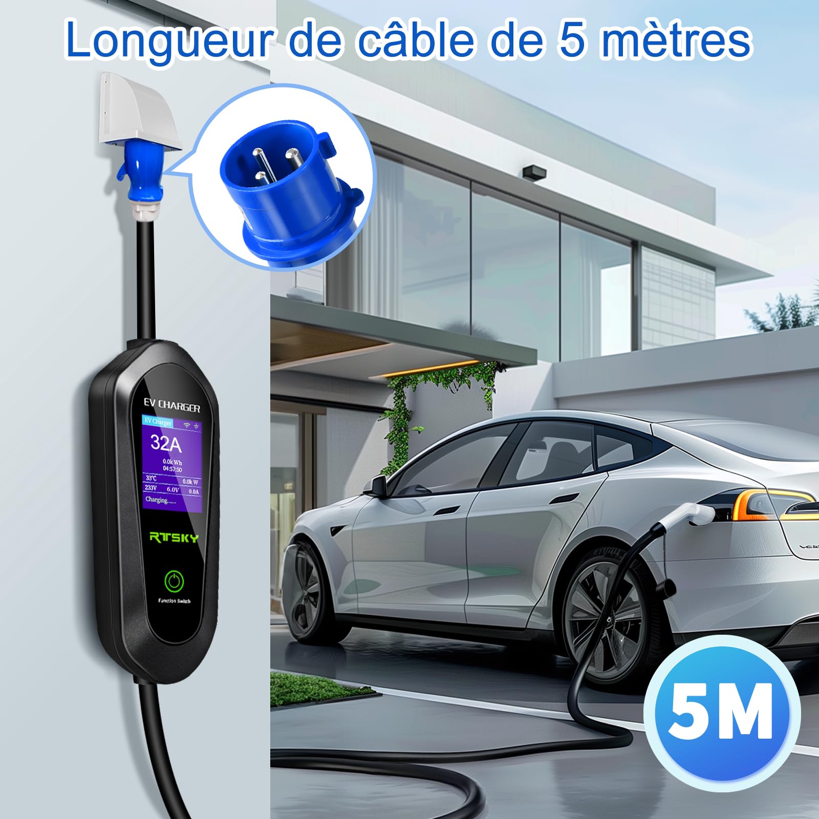 Mobile Wallbox 7kW Cavo Ricarica Auto Elettrica CEE 32A su Tipo 2, 5M, 8-32A Caricatore Auto Elettrica con Display Digitale, EV Chargers per Auto Elettriche