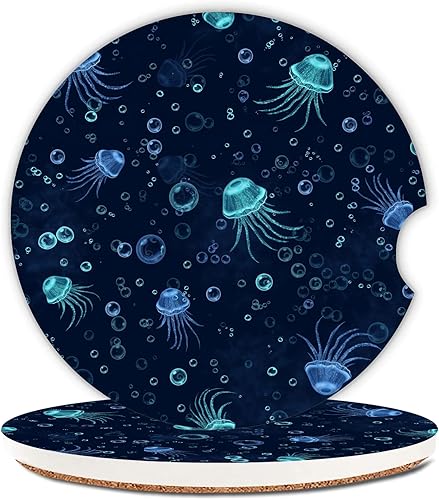 Posavasos absorbentes de cerámica para automóvil, medusas brillantes con muesca para el dedo y base de corcho, accesorios de automóvil para