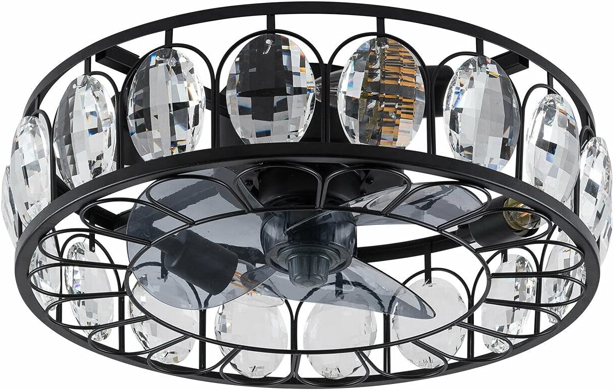 YIYIBYUS 18 Inch Industrial Crystal Ceiling Fan with Lights, Black Caged Low Profile Chandelier Fan Timing with Remote Control 3-Speed 4-Light Semi Flush Mount Hidden