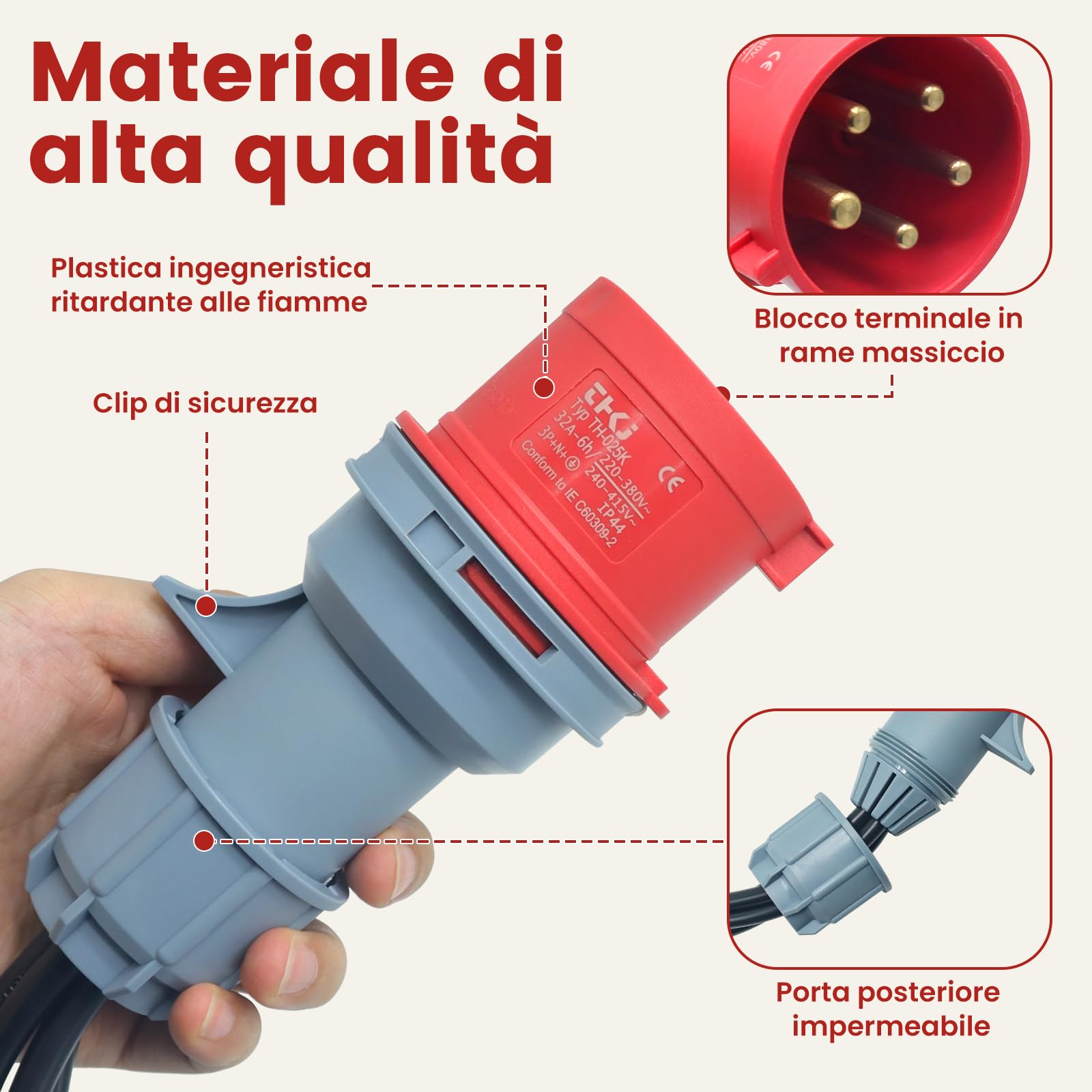 Adattatore di Alimentazione Industriale CEE 5P-32A/16A IP44 con 4 Uscite - Per Veicoli Elettrici, Camper, Cantieri e Uso Domestico - Materiali Antigurto e Resistente ai Raggi UV