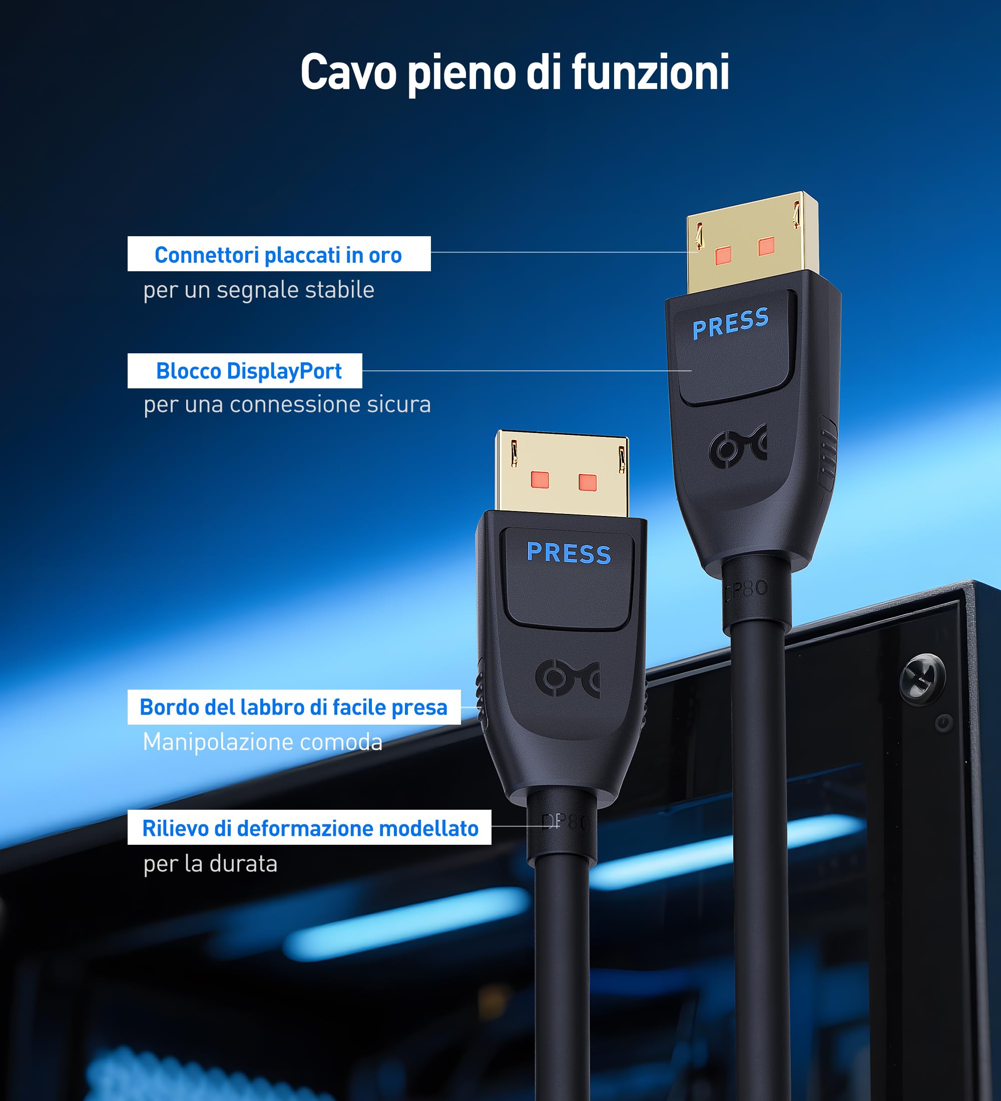 Cable Matters [certificato VESA] Cavo DisplayPort 2.1 80 Gbps da 2 m, cavo DP80 con 16K 60Hz, 8K 240Hz, 4K 240Hz in nero con FreeSync, G-SYNC e HDR per monitor da gioco, PC, RTX 4080/4090, RX 7900