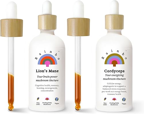 Rainbo Paquete de productividad, extracto de hongo de melena de león + tintura de hongo Cordyceps, tinturas diarias de hongos de doble extracto para