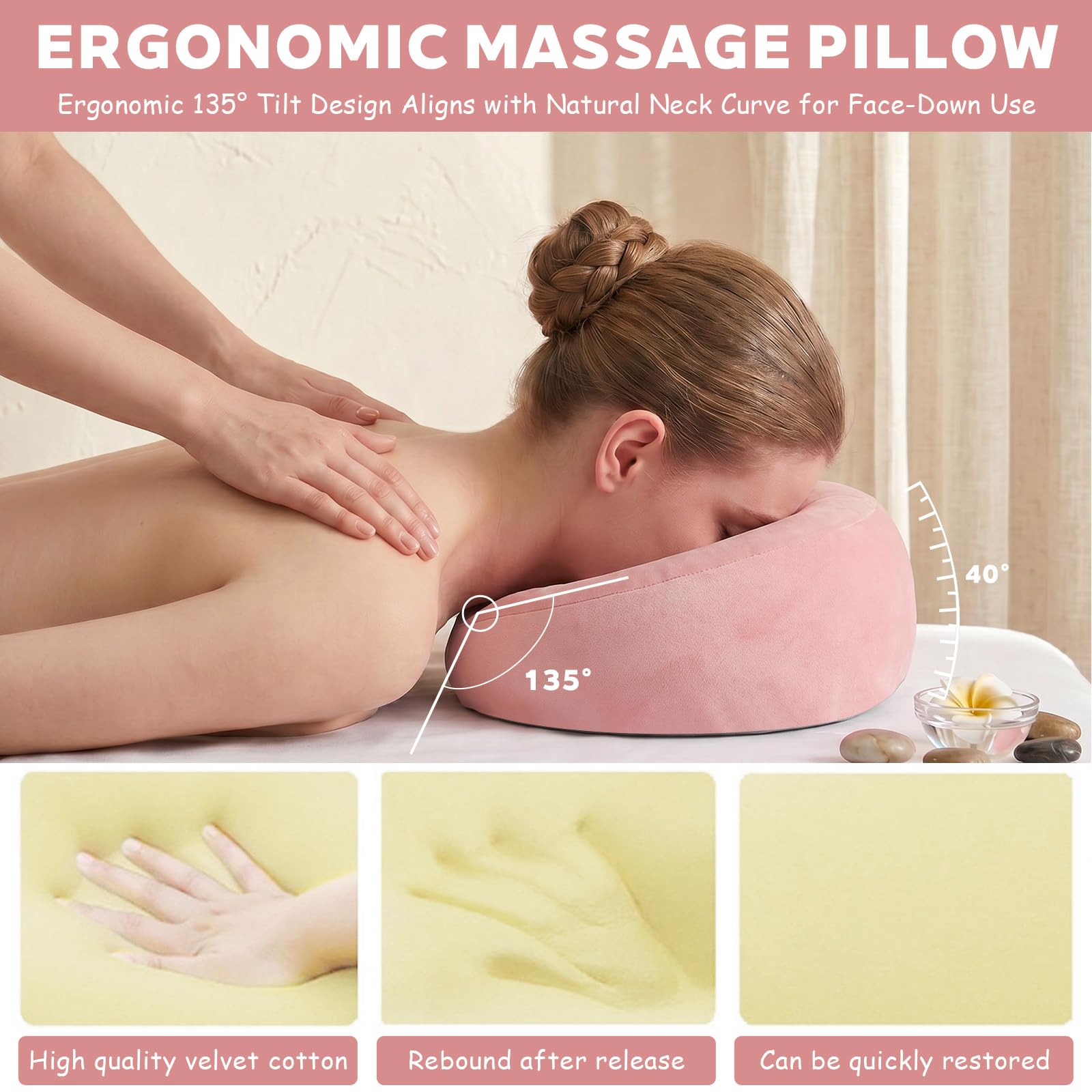 Almohada de Masaje Facial Boca Abajo con Agujero - Reposacabezas en Forma de U con Espuma Viscoelástica - Ideal para Camillas de Masaje, SPA, Salones de Belleza y Uso Doméstico（Rosa）