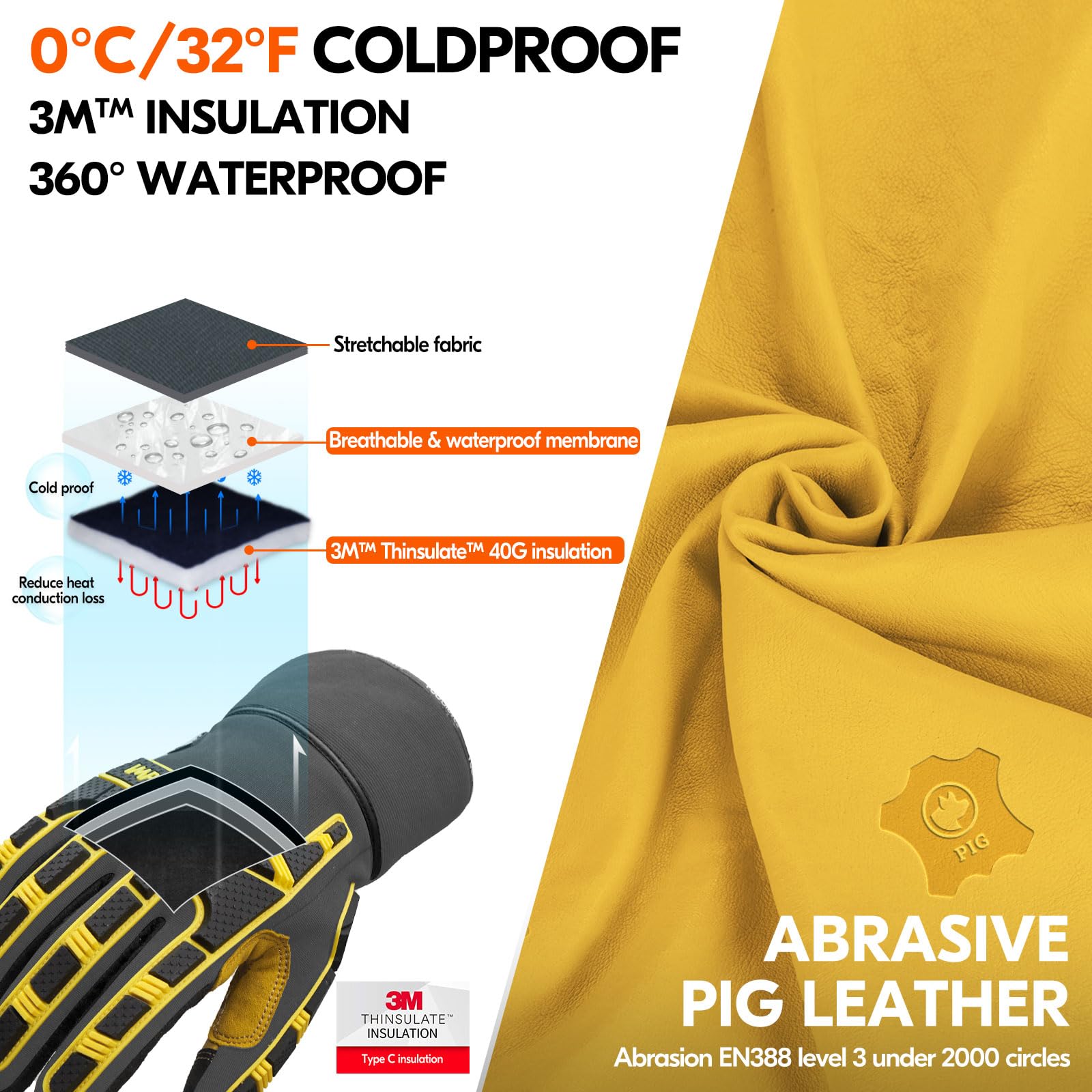Vgo... Winter Waterproof Work Gloves Anti Impact Cowhide Touchscreen, Utility Working Gloves Men Heavy Duty for Construction Hgv Trucker Warehouse Multipurpose Thermal in Cold Weather - Image 2