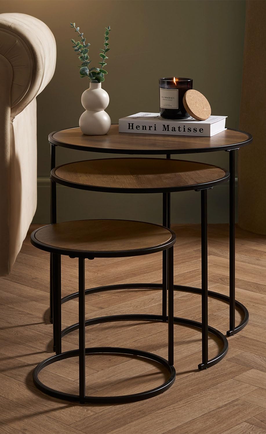 OHS Nest of Tables Set of 3, Stacking Side Tables Living Room Wooden Stylish Decorative Coffee Table Sturdy Metal Frame Easy Assembly Round End Table, Dark Wood