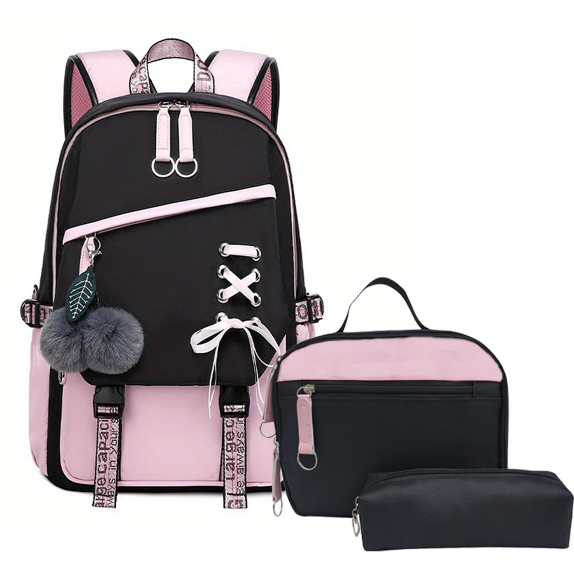 School Backpack for Girls Color-block School Bag with Lunch Box Pencil Case Set 3PCS Girls Backpack for School Kids Bookbag with USB Charging Port