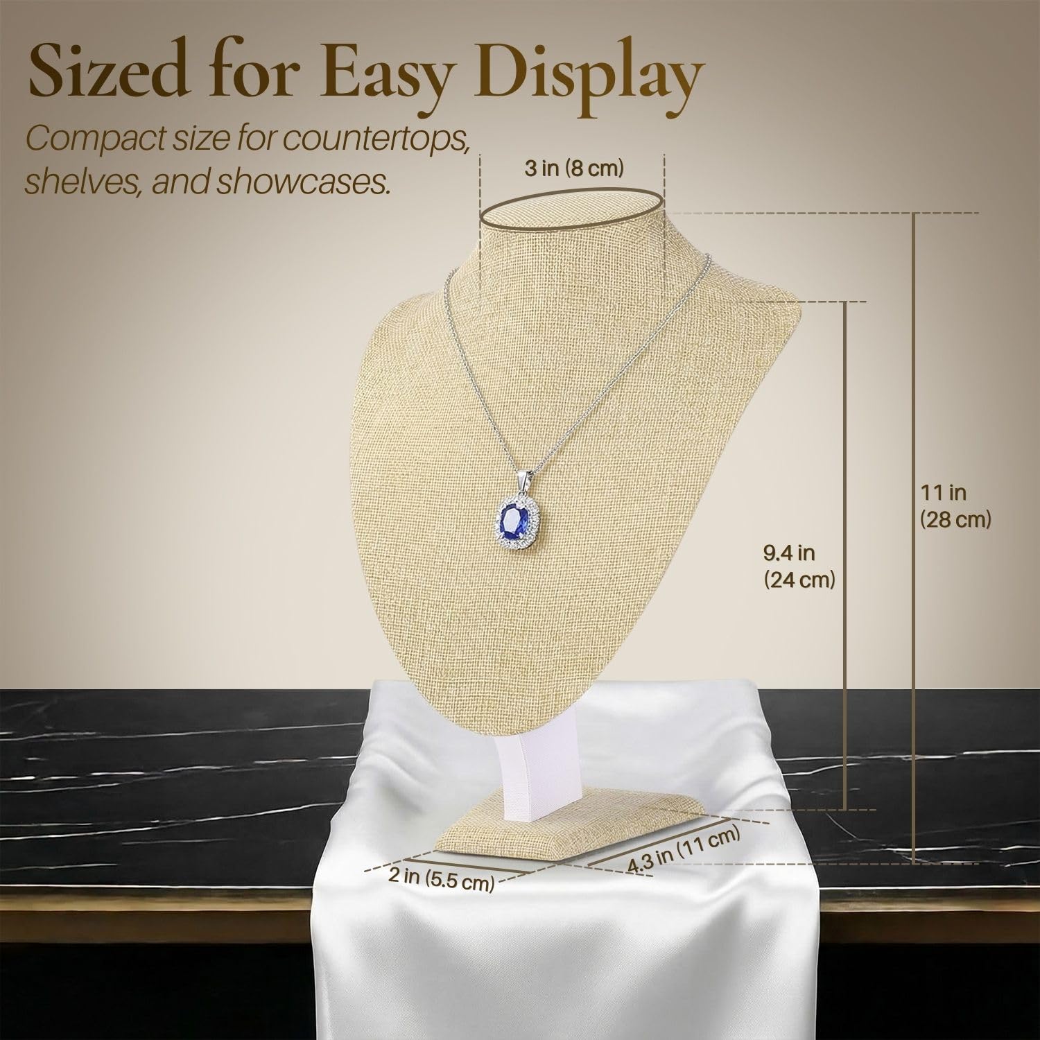 Flexzion Espositore per collana (2 pezzi) - 27,9 cm manichino 3D beige, lino, porta collane per casa, boutique e fiere, espositore gioielli per la vendita di collane,
