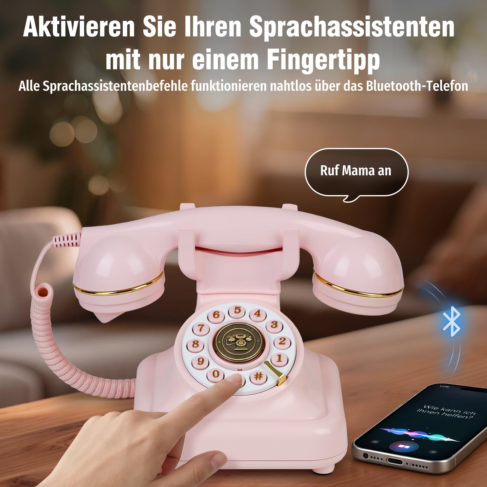 Bluetooth Retro Telefon mit Sprachassistent – Bluetooth Festnetztelefon & Handy‑Verbindung für Android & iOS, Drahtloses Retro Home Phone mit Freisprecher, Lautstärkeregelung & USB‑Akku,Rosa