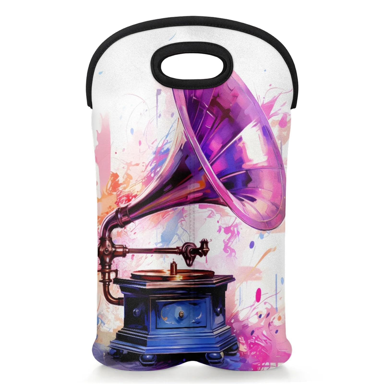 GzLeyigou 2 Bottles Music Wine Bag Sleeve Totes Phonograph Neoprene Protective Wine Carrier Bag for Wine,Water, Champagne, Beer, Baby Bottles,Gift 14.5 x 10 Inches
