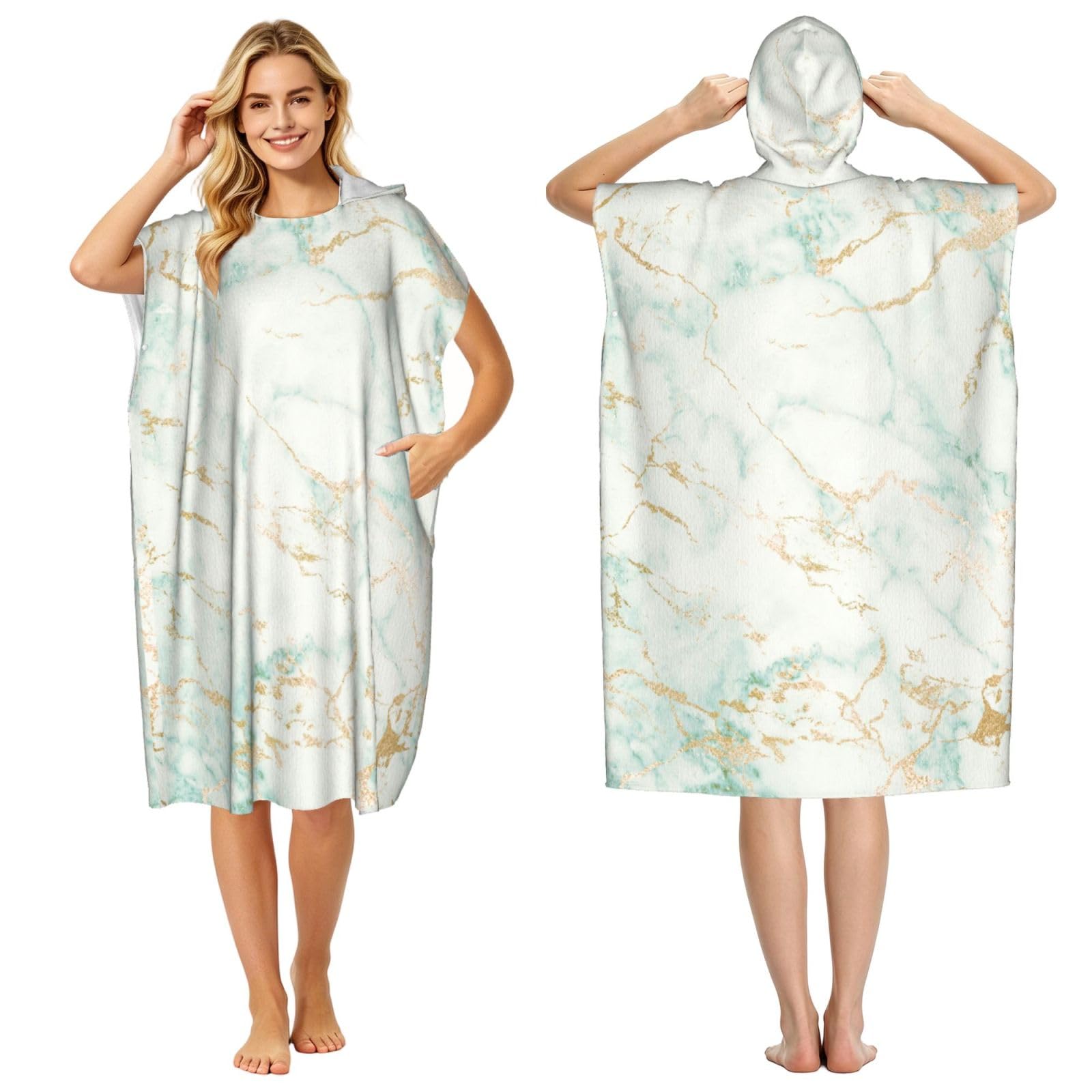 Poadnly White Mint Green Marble Gold Gray Glam, Adult Hooded Beach Towel 90 x 110 cm,Changing Bath Robe, Surf Poncho Towel For Women Men