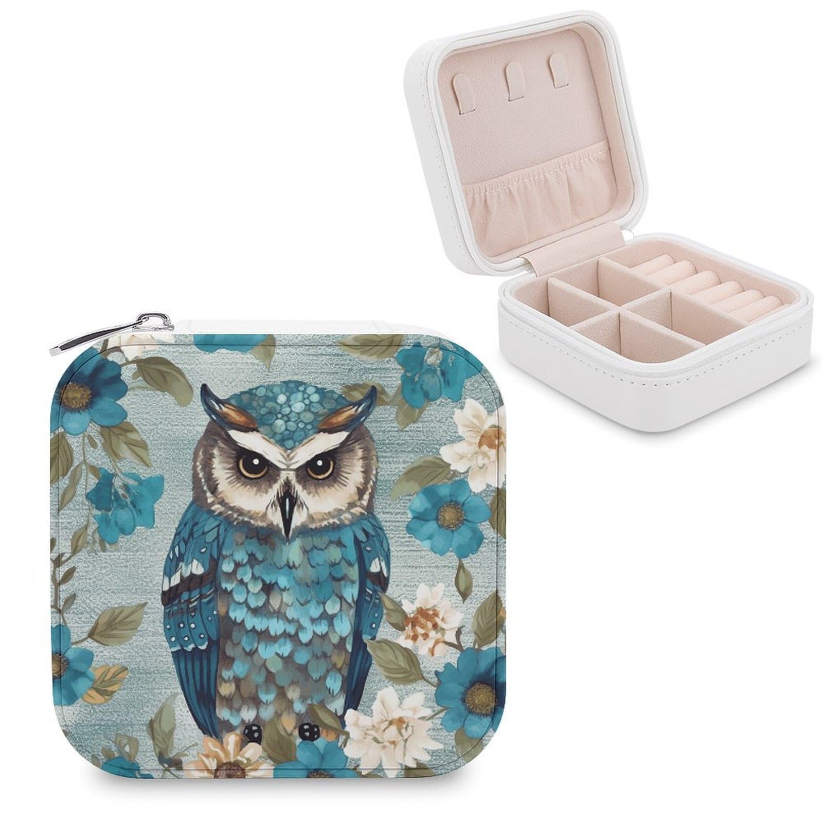 VstaDank Owl Spring Flowers Turquoise Travel Jewelry Case Small Portable Jewellry Organizer Box PU Leather Organizer Boxes Personalized Jewellery Storage Holder Gift for Womens Rings Earrings