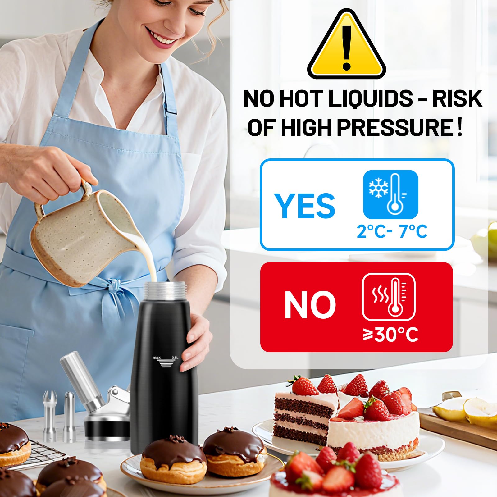 Sifón de Cocina,500 ml sifón de Cocina espumas,sifon de Nata Aluminio para Espumas Dulces Y Saladas Nata Mousse,con 3 boquillas Acero Inoxidable