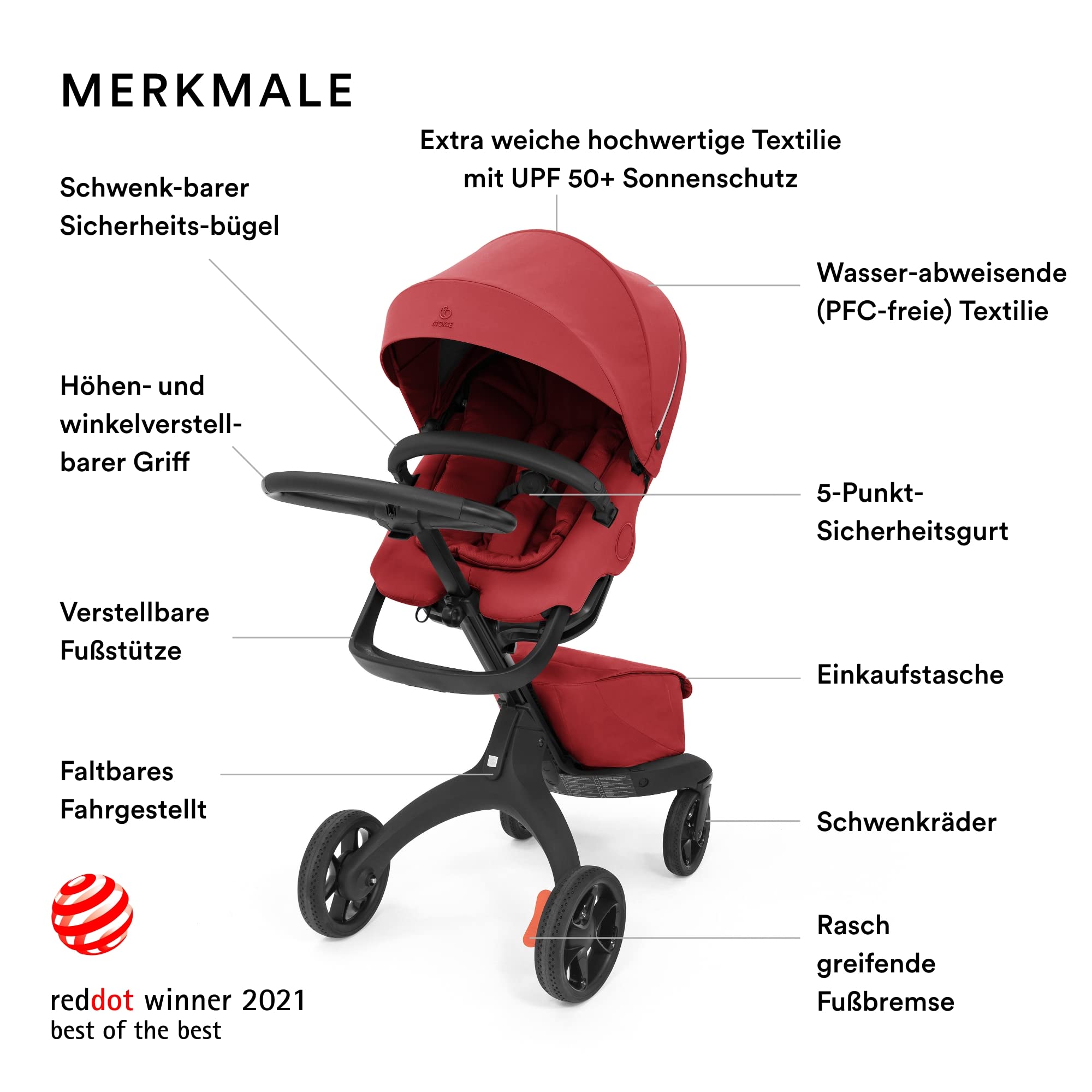 Stokke Xplory X, Ruby Red – Eleganter Kinderwagen – Anpassbarer Komfort für Baby & Eltern – Polsterung, Sicherheitsgurt & reflektierender Reißverschluss für mehr Sicherheit – Im Nu faltbar