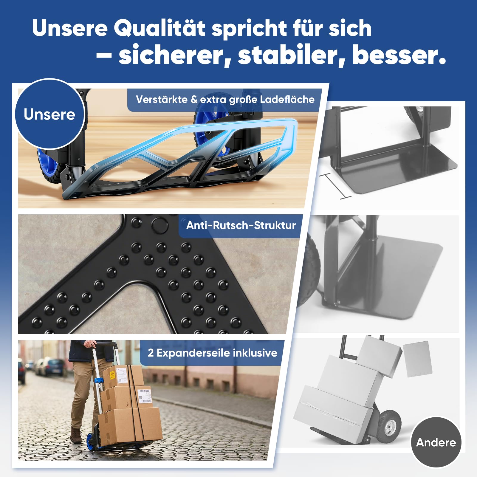 Sekey Klappbare Sackkarre & Schwerlast Transportkarre 150 kg, Verstärkter Alu Rahmen, XXL Anti-Rutsch-Pad & In Sekunden Faltbar, Höhenverstellbar mit TPR-Rädern, Inkl. 2 Expanderseile