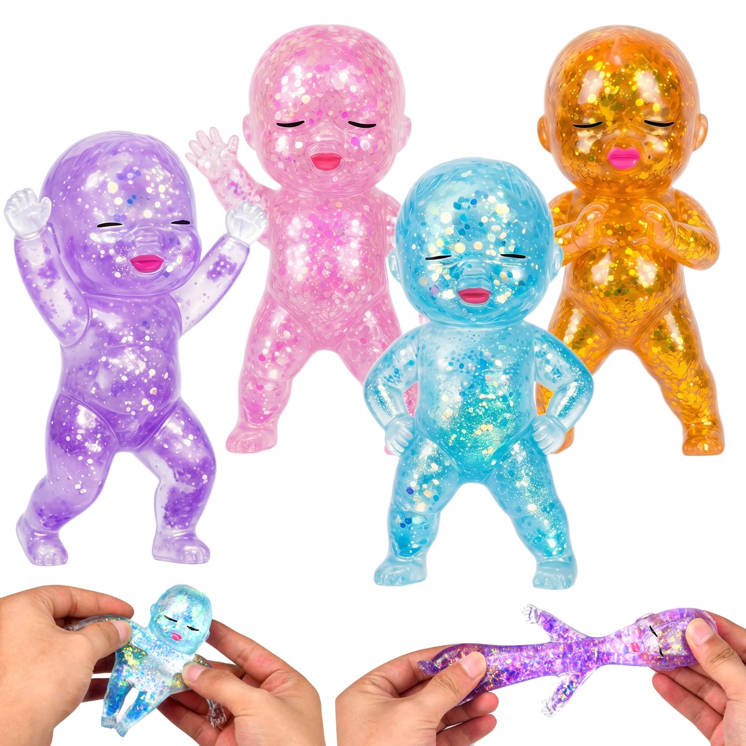 4PCS Glitter Baby Doll Squishy Toys, Slow Rising Squeeze Fidget Toys with Maltose Filling, Cute Sensory Stress Relief Squishies for Kids Adults Office Home Desk Decor — image 1