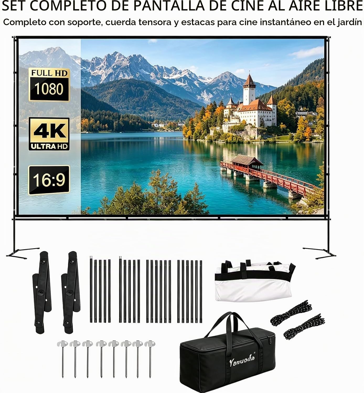 Pantalla de Proyector 120" con Soporte Reforsado - 4K HD 16:9 Anti-Arrugas, Montaje Rápido, para Interior/Exterior, Cine en Casa, Terraza y Eventos
