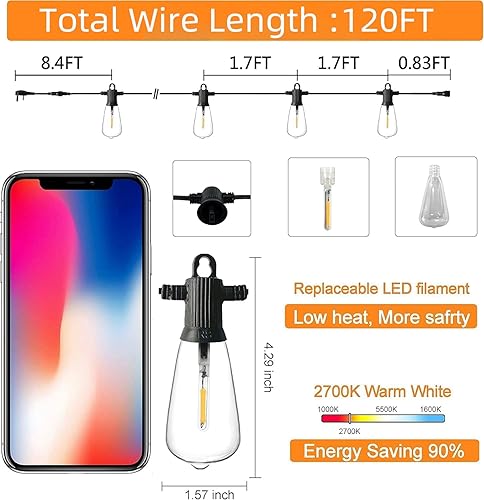 Vista 8 de ZOTOYI Tira de luces para exteriores de 50 pies, luces de patio con 27 bombillas LED de plástico ST38 Edison (2 de repuesto), impermeable IP65