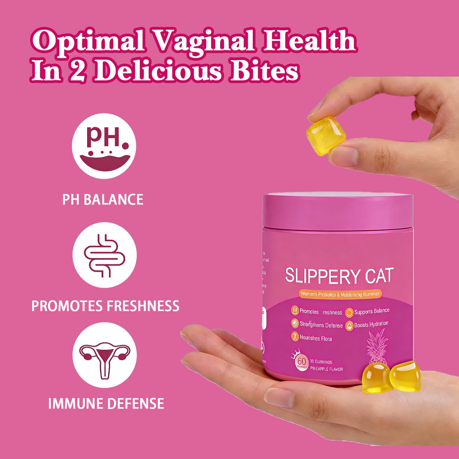 Feminine Probiotics Gummies with Slippery Elm | Pineapple Flavor for Women’s pH Balance, Digestive & Immune Support | Daily Wellness Supplement for Comfort and Freshness, Non-GMO, 30 Gummies
