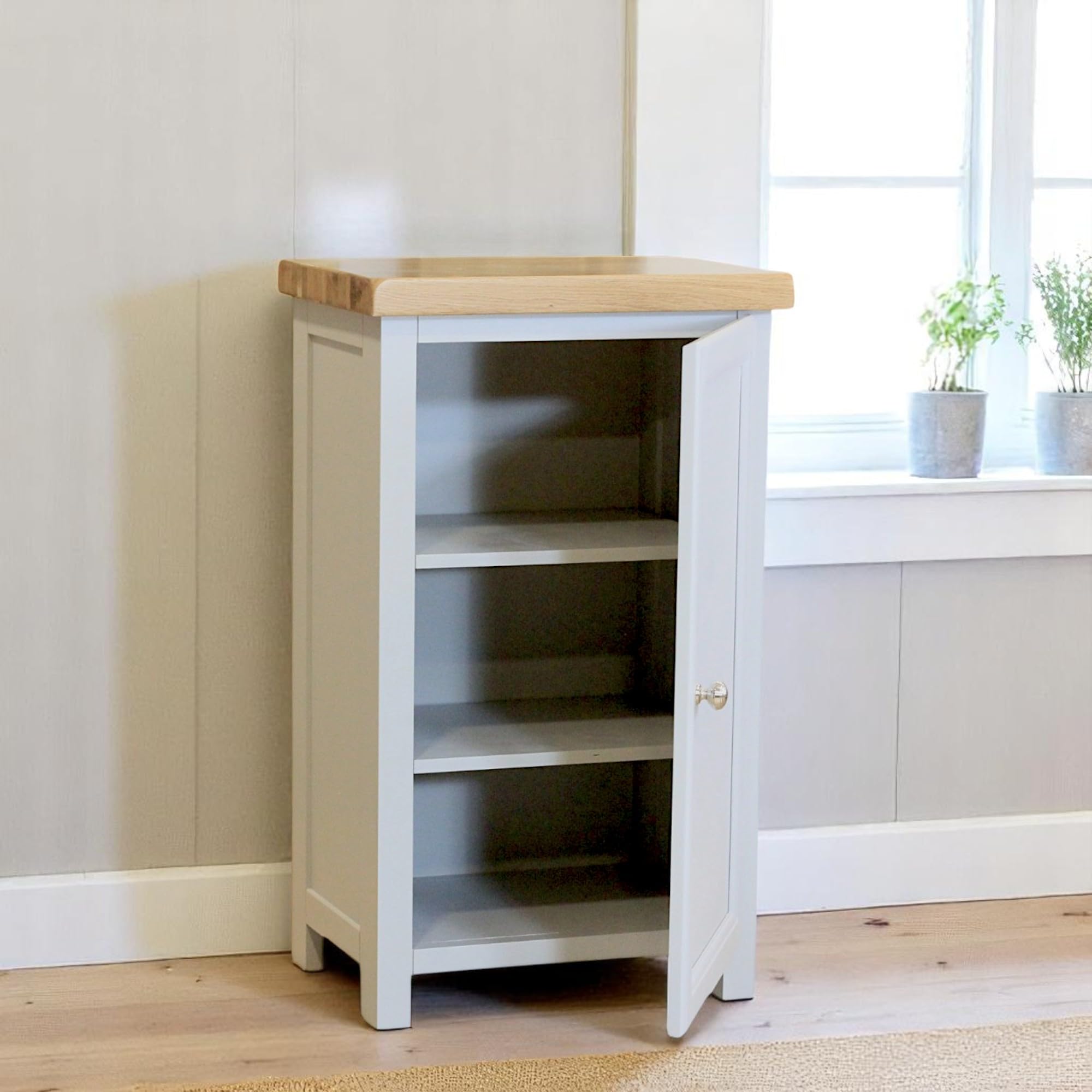 GROF Furniture Cashmere Grey Slim Cabinet, Wooden Shoe Cabinet for Hallway, Storage Unit for Living Room, Hallway Storage Unit 1 Door, Small Cupboard with Oak Top