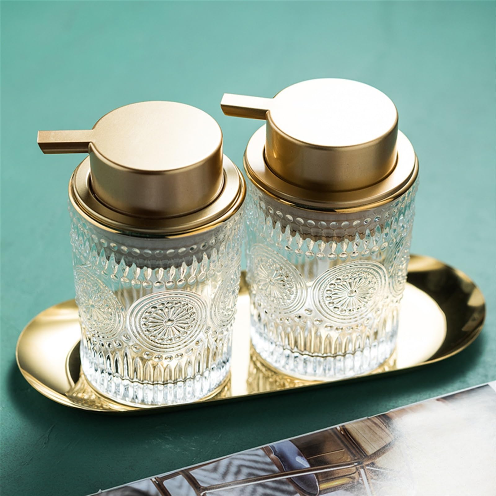 Dispenser Sapone Dispenser Di Sapone Confezione Da 2, Dispenser Di Sapone for Le Mani In Vetro Spesso Dal Design Antico Con Vassoio Robusto Dorato, Dispenser Di Sapone In Vetro for Cucina, Bagno Sapon