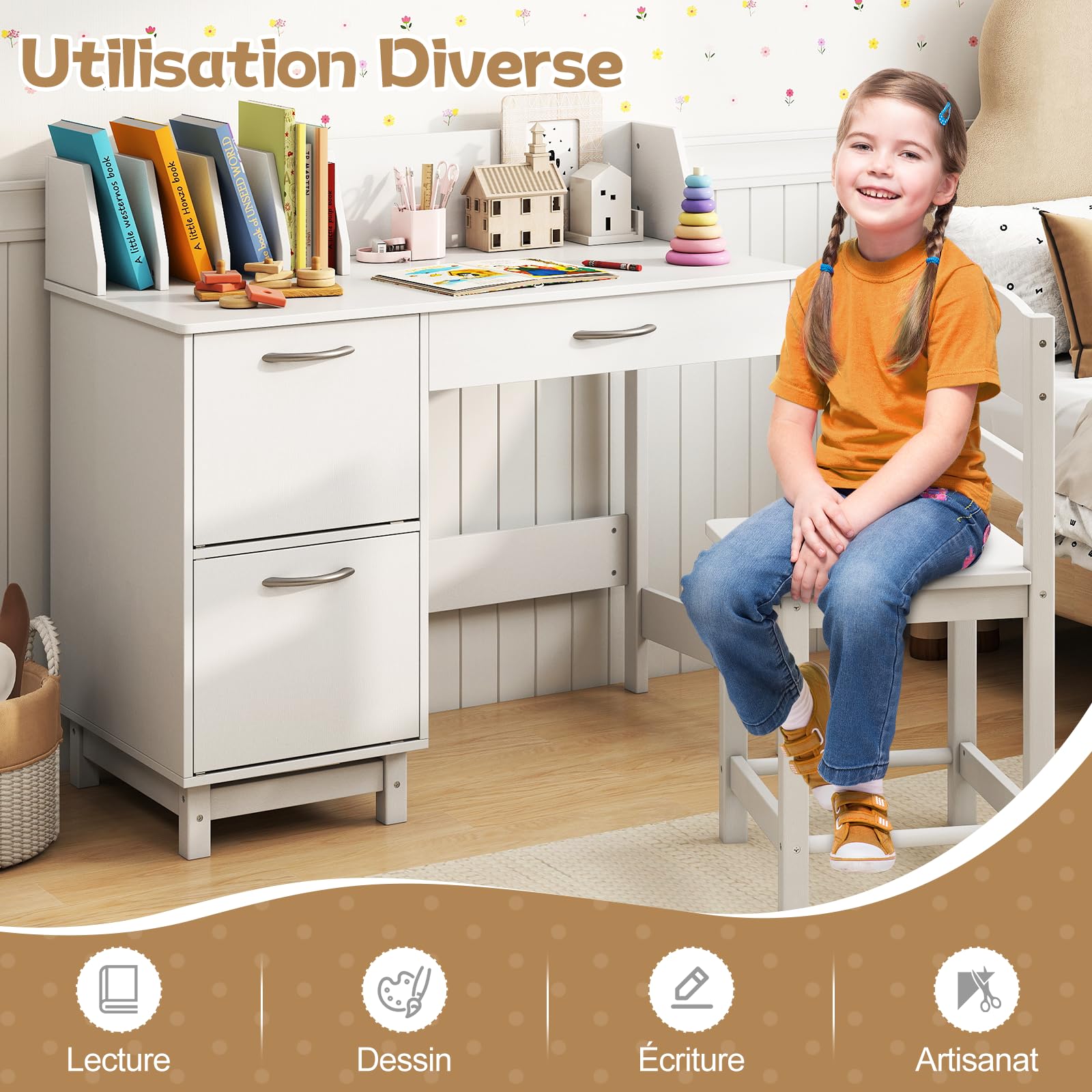 COSTWAY Bureau Enfants avec Chaise Ergonomique & Niches, Table d'Étude en Bois avec 2 Placards & Tiroir, Dispositif Anti-Basculement, Table et Chaise pour Dessiner Lire, 90x45x81cm