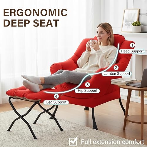 Vista 5 de Welnow - Silla perezosa con otomana, moderna silla de descanso con reposabrazos y bolsillo lateral, juego de sillón tapizado de ocio, sillón de Rojo