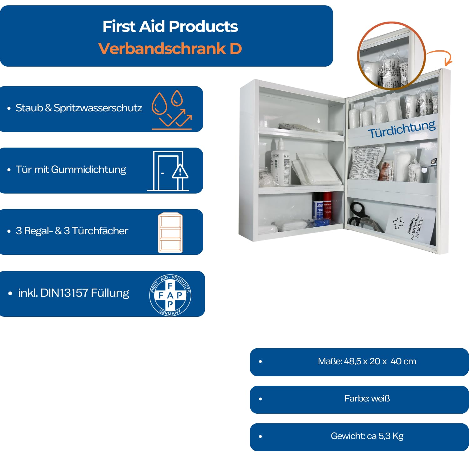 First Aid Products Verbandschrank D – inkl. DIN 13157:2021 Füllung – Medizinschrank Metall mit Gummidichtung, 3 Ablagefächer + 3 Türfächer - robust & staubgeschützt - 48,5 x 40 x 20 cm
