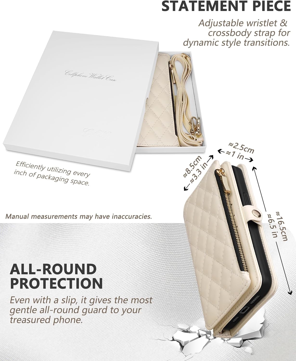 for iPhone 15 Pro Max Wallet Case 6.7" with Mirror, Wristlet & Crossbody Strap, Zipper Card Holder - RFID Blocking, Flip Magnetic Shockproof Protective Cover with Kickstand for Women, Beige