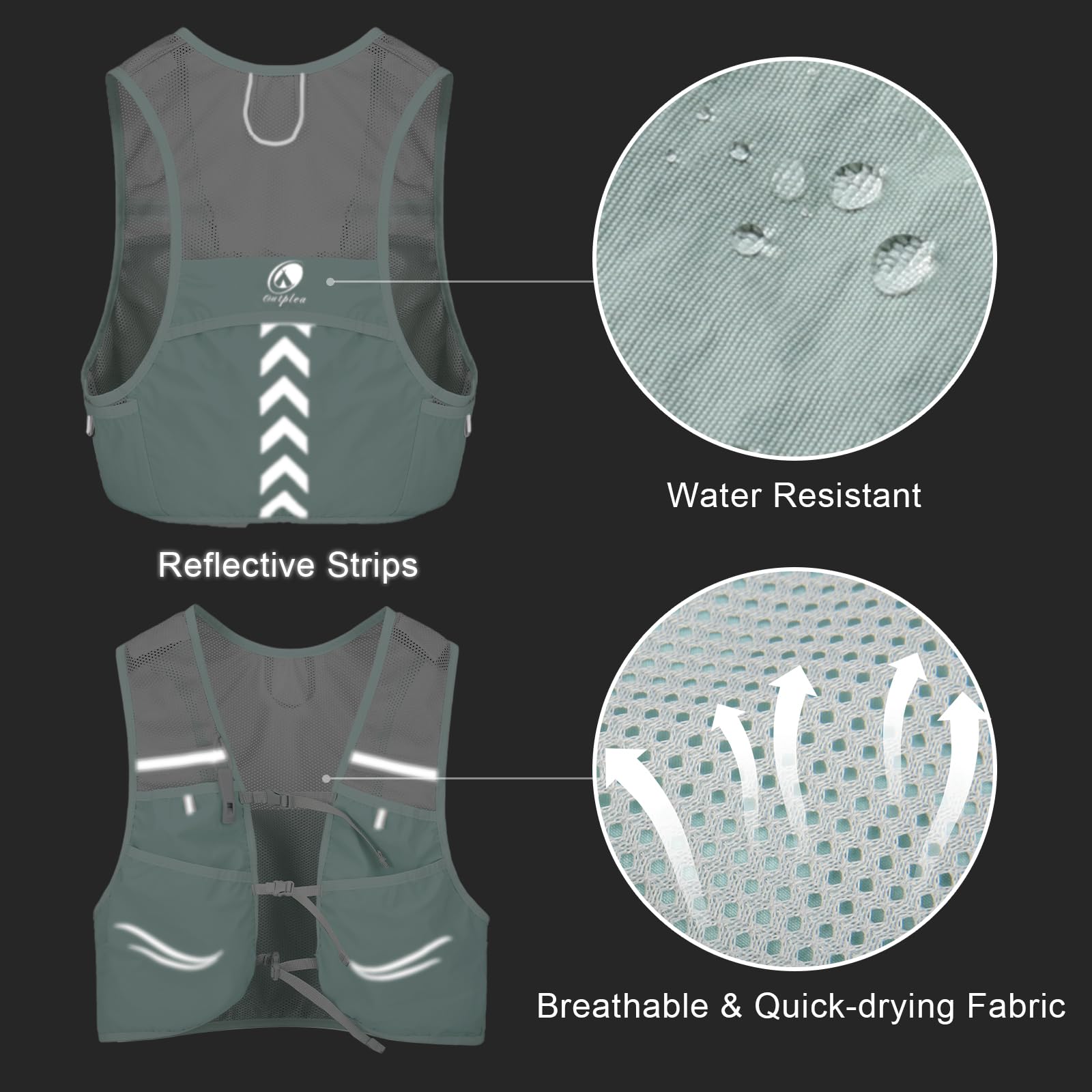 Gilet Hydratation avec 2pcs 500ml Bouteilles d’Eau Douce, Ultra Léger Gilet Trail Running Femme Homme, Réglable Sac Hydratation Running pour Randonnée Course à Pied Sport, Vert, M