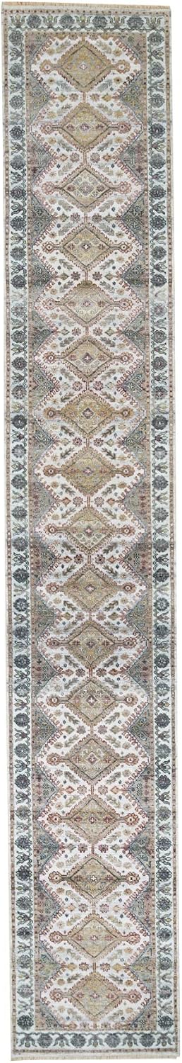 Ivory Extra Soft Wool Hand Knotted Thick and Plush Shiraz Reimagined Unique Flower Rosettes Border Design Tone on Tone Natural Dyes XL Runner Oriental Rug (2'7"x18')