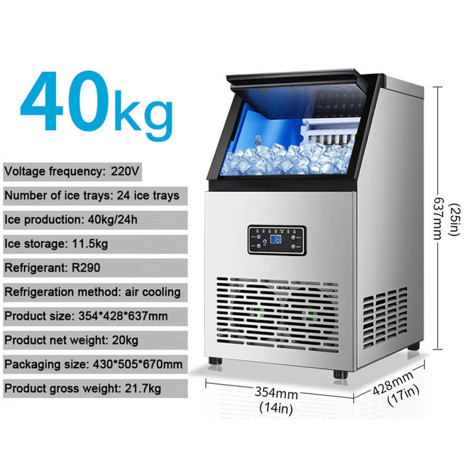 Produttore ghiaccio professionale sottobanco cubetti trasparenti 40kg | Funzione autopulizia, accensione/spegnimento automatici; acciaio inox, per bar, caffetterie, ristoranti e uso domestico.