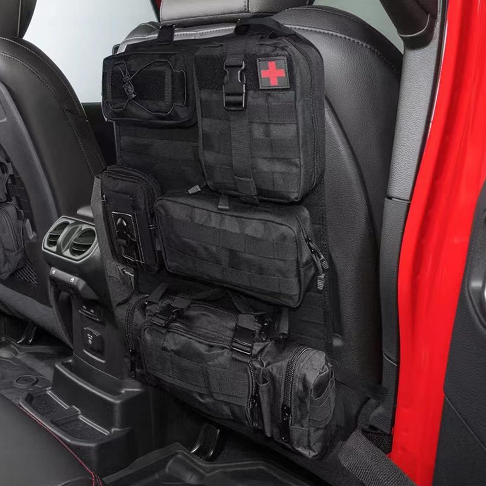 SOONHUA Organizador de asiento de coche táctico con 5 bolsillos Molle desmontables, protector de respaldo para camping, organizador de coche, asiento trasero impermeable
