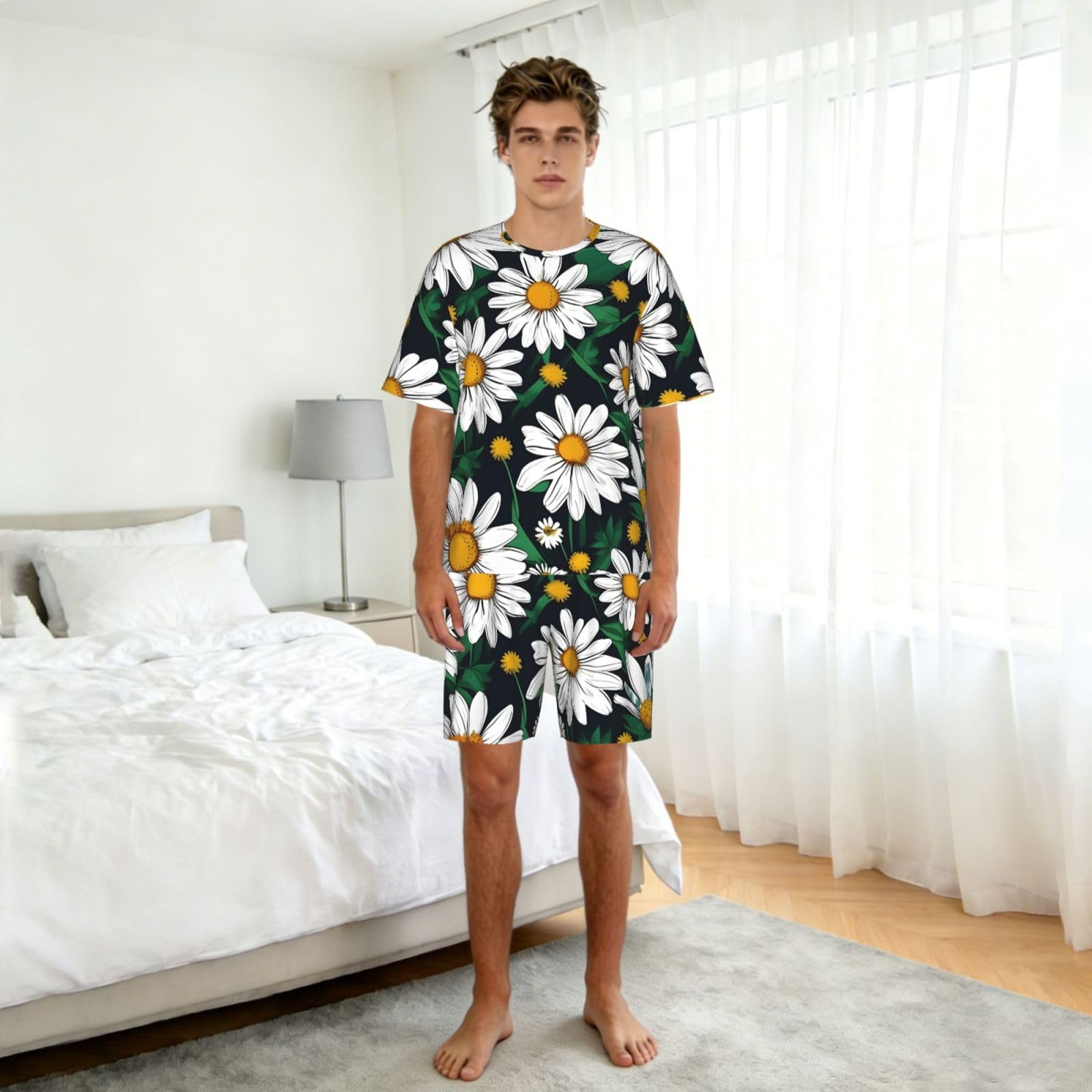 Conjunto de pijama clásico con estampado de flores y margaritas para hombre, pantalones cortos de pijama suaves para hombre, perfecto para las noches de verano